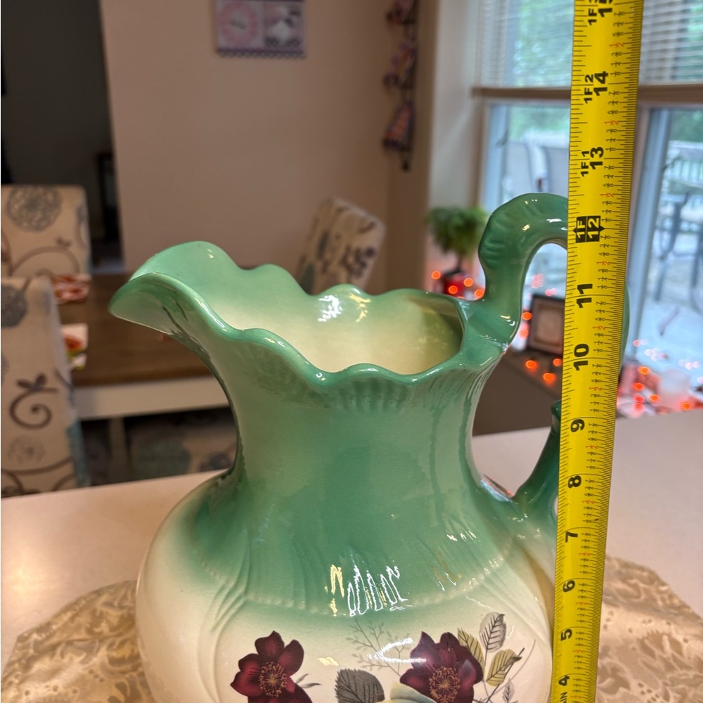 Vintage Mayfayre Staffordshine Green and Cream Floral Ceramic Pitcher - Picture 7 of 8